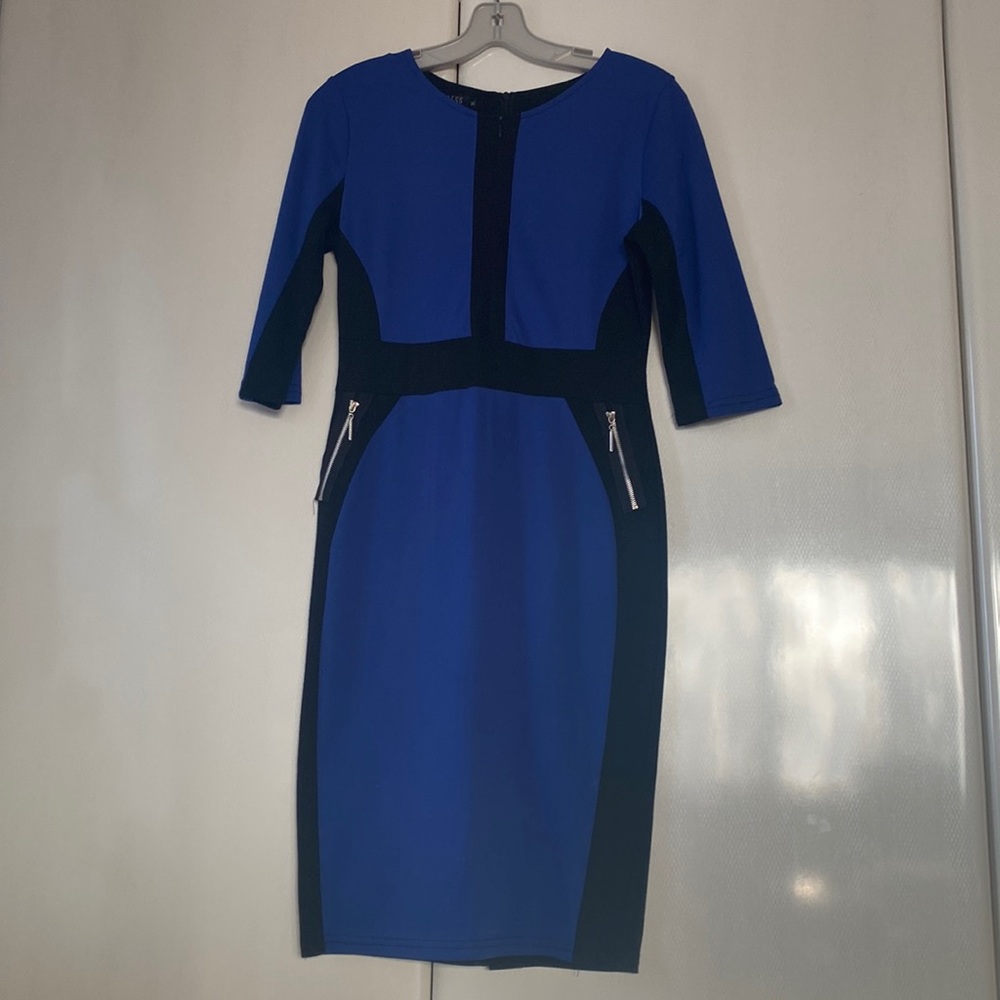 modest black and blue mid length dress